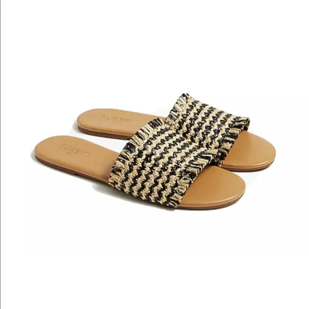 J Crew Black and Natural Raffia beach slide sandals - new - size 6